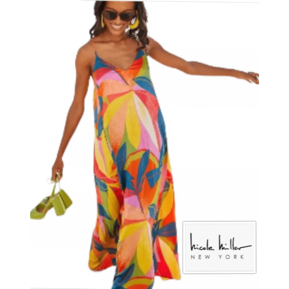 Nicole Miller NY Retro Pop Art Print Chiffon Shift Vibrant Maxi Dress Size Med